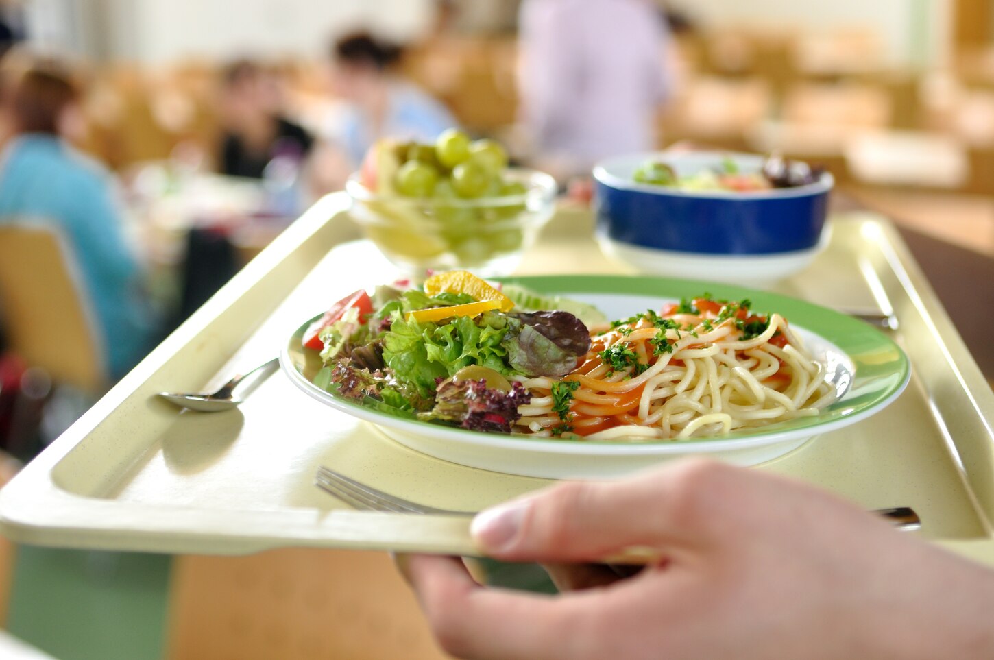 Zwei Hände halten ein Essenstablett mit einem Teller mit Essen darauf.