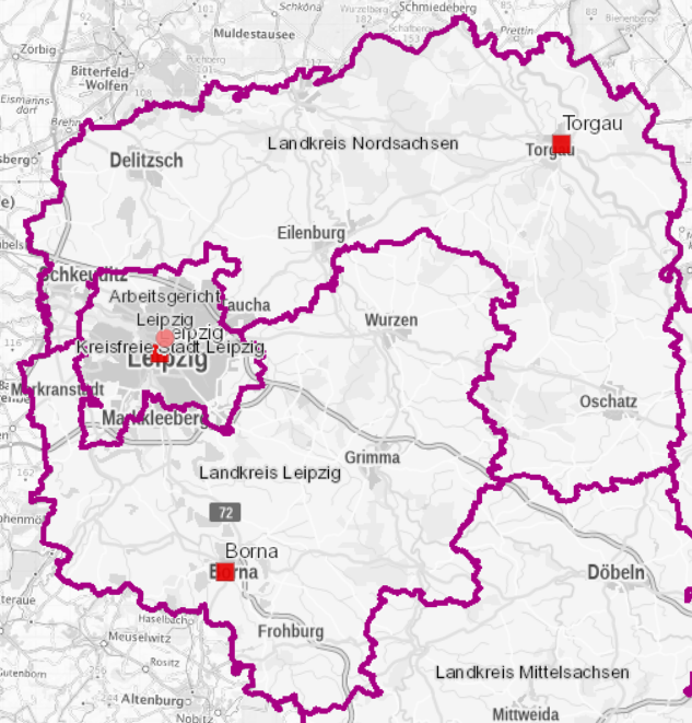 Karte von https://geoviewer.sachsen.de, aus der der Zuständigkeitsbereich des Arbeitsgerichts Leipzig hervorgeht: Kreisfreie Stadt Leipzig, Landkreis Nordsachsen, Landkreis Leipzig