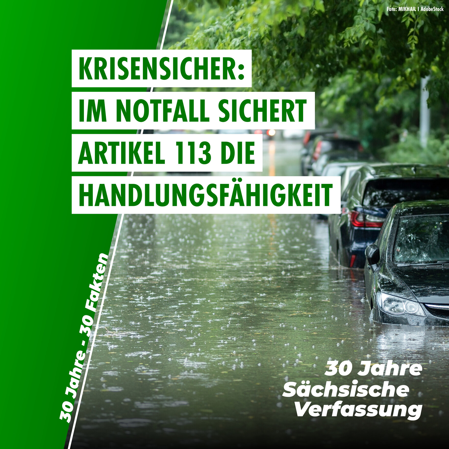 Mehrere Autos in einer Reihe stehen am Rand einer überfluteten Straße, das Wasser reicht fast bis über die Reifen. Auf dem Bild befindet sich die Aufschrift "Krisensicher: Im Notfall sichert Artikel 113 die Handlungsfähigkeit."
