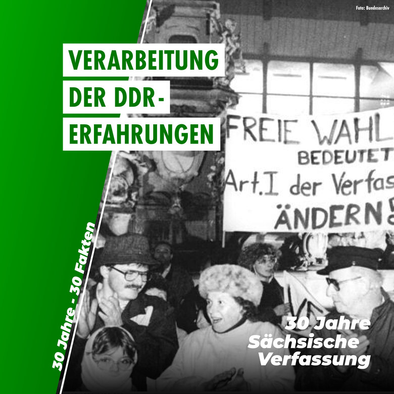 Schwarz-weißes Archivfoto von Menschen, die sich an einem Platz in Leipzig versammelten, um 1989 friedlich gegen die DDR-Diktatur zu demonstrieren. Menschen schauen emotional, sichtbar auch ein Plakat "Freie Wahl bedeutet Art. 1 der Verfassung ändern!"