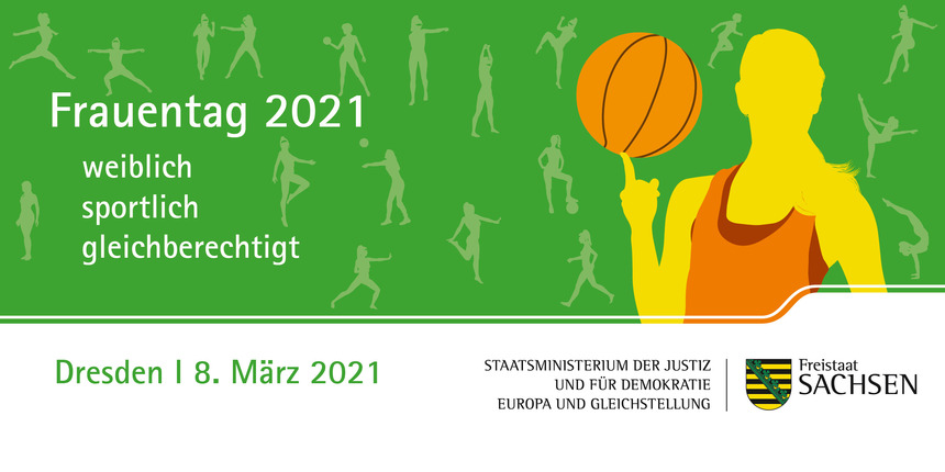 Frau, die Ball auf Fingern dreht, Einladung zum Frauentag am 8. März unter dem Motto "Frauentag 2021 - weiblich-sportlich-gleichberechtigt"