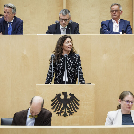 Ministerin Prof. Geiert hält eine Rede im Kabinett